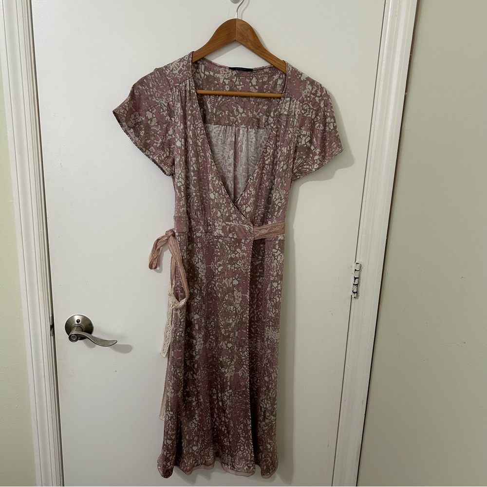 Elie Tahari | Pink Brown Mauve Pattern Midi Silk Wrap Dress | Size Medium